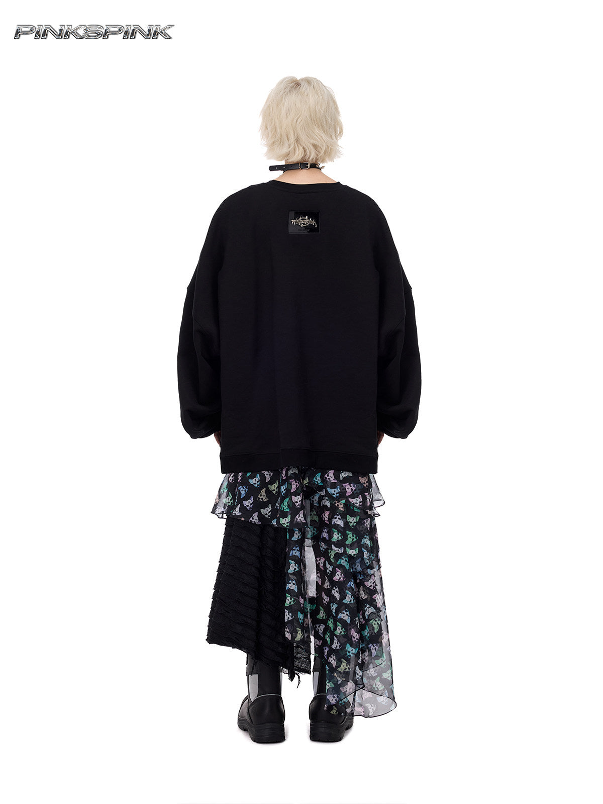 Cat-Themed Black Metal Thorn Embroidered Y2K Sweatshirt