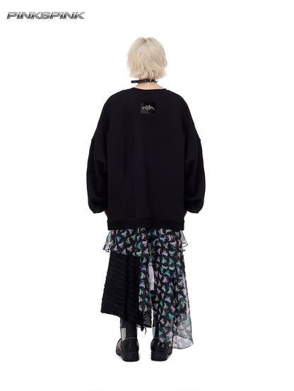 Cat-Themed Black Metal Thorn Embroidered Y2K Sweatshirt