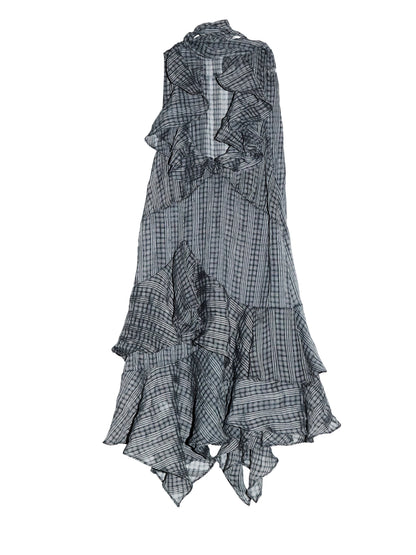 Gray Plaid Ruffle Dress | Deep V Romantic Midi Dress