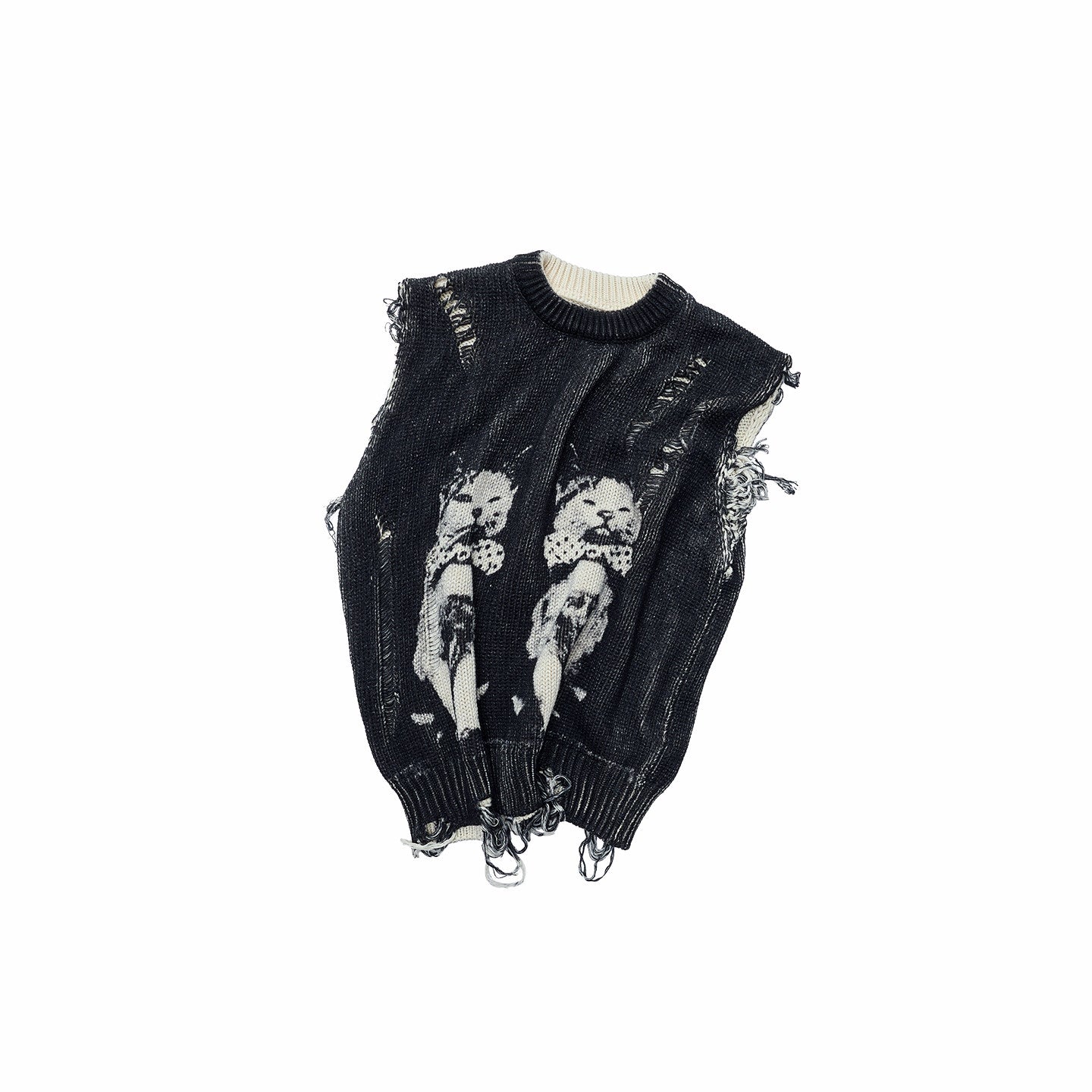 Cat Print Distressed Knit Vest