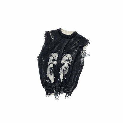 Cat Print Distressed Knit Vest