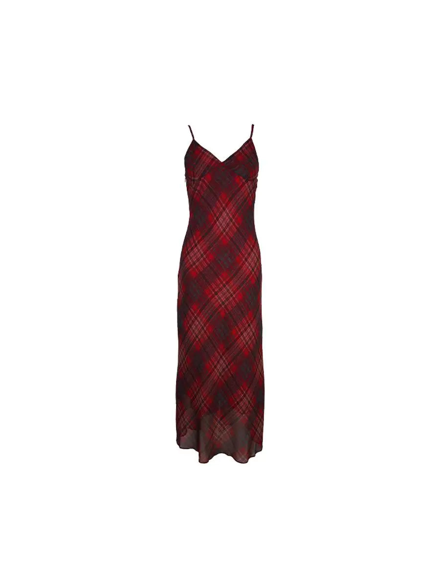 Red Plaid V-Neck Waist-Cinching Slip Dress