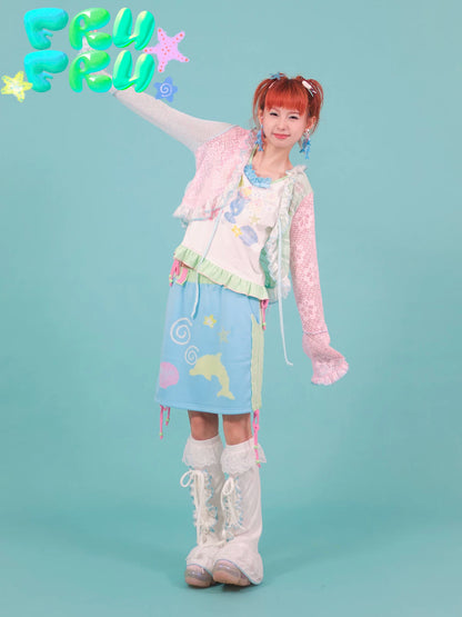 Gollum Store Original Color-Block Cute Illustration Y2K Blue Girl Cute Dolphin Print Mini Skirt