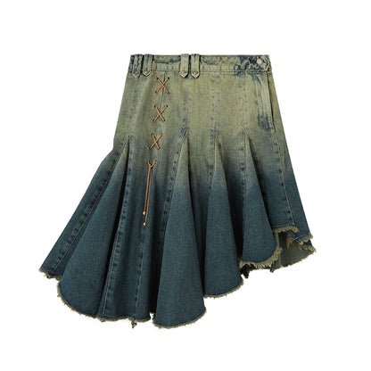 Gradual Lacing - Irregular Hem Denim Skirt