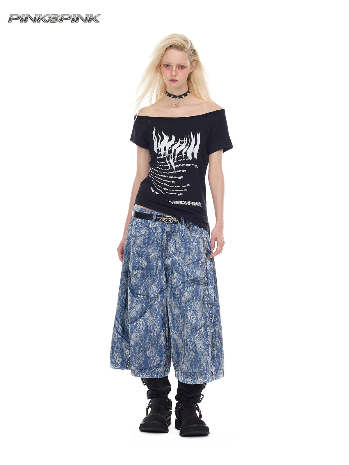 Off-Shoulder Punk Print Slim Y2K Hot Girl Tee