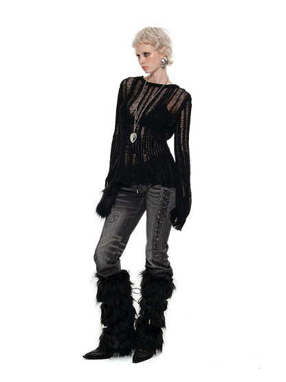 Chunky Knit Cutout Pullover – Loose Crewneck with Skinny Long Sleeves