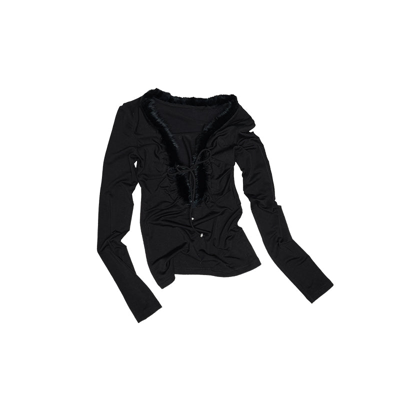 Raw Edge Panel V-Neck Knit Top – Slim Long Sleeve Base Layer