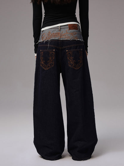 Embroidered Wide-Leg Denim Jeans