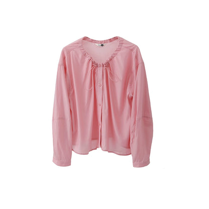 Original Design Ice Peach Bubble Drawstring Round Neck Lightweight Heavenly Silk Loose Early Autumn Long Sleeve Shirt