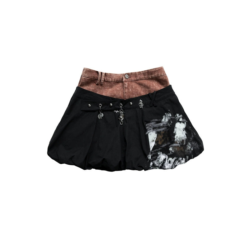 Patchwork Bud Skirt | Fake Two-Piece Washed Puff Skirt Design