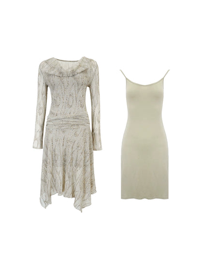 Afternoon Refinement Asymmetrical Hem Mini Dress – Retro Swing Neck Design