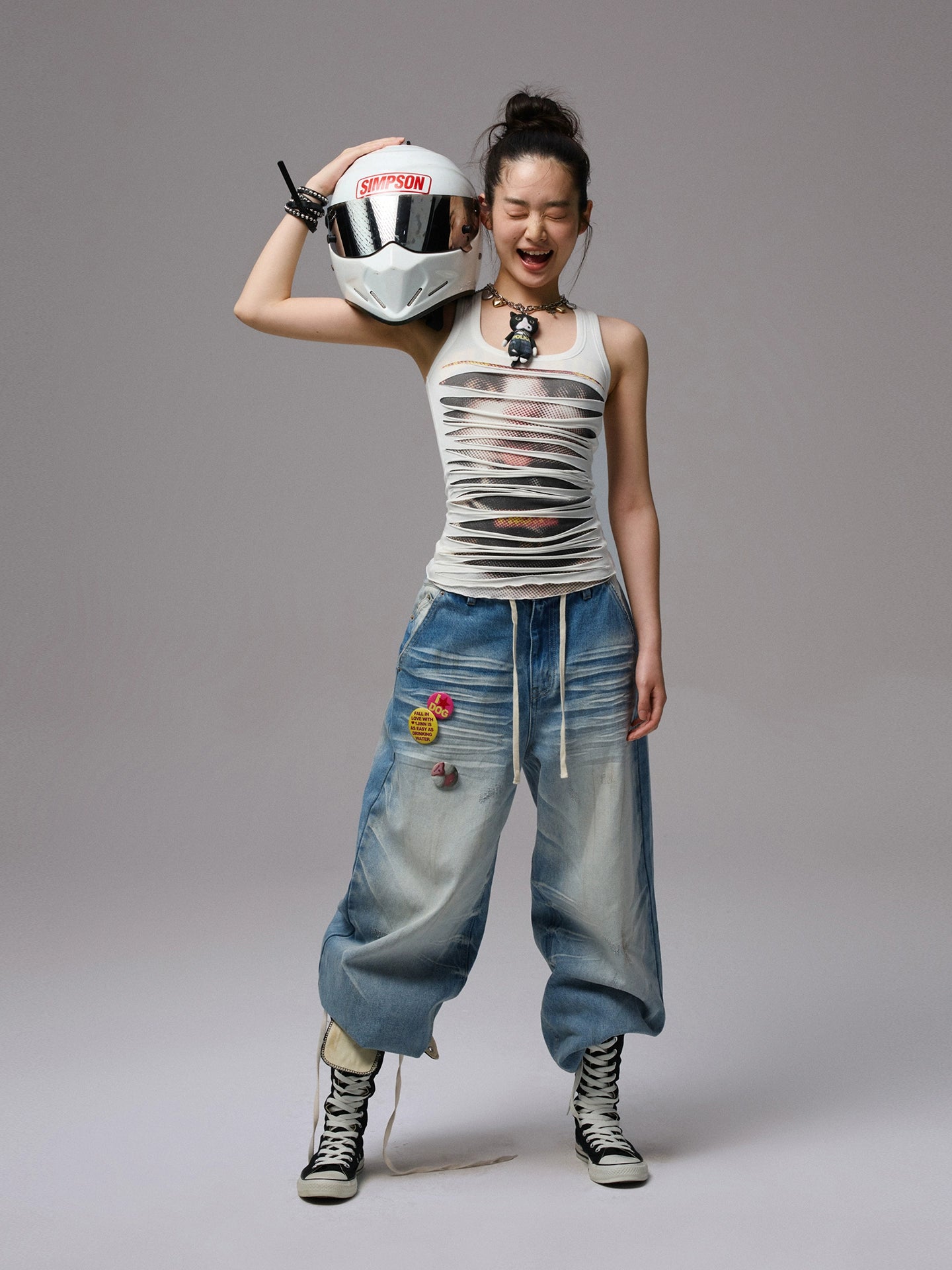 Cat Print Distressed Double-Layer Vest – Sleeveless Statement Top