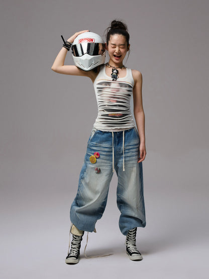 Cat Print Distressed Double-Layer Vest – Sleeveless Statement Top