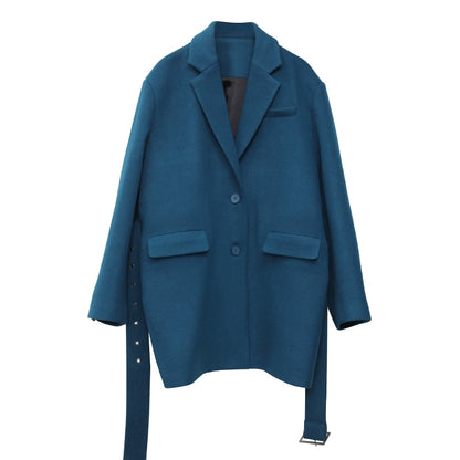 Blue Long Belt Adjustable Waist Wool Suit Jacket T323
