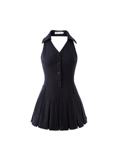 French Halter V-Neck Pleated Mini Dress – Sexy Sleeveless Summer Style