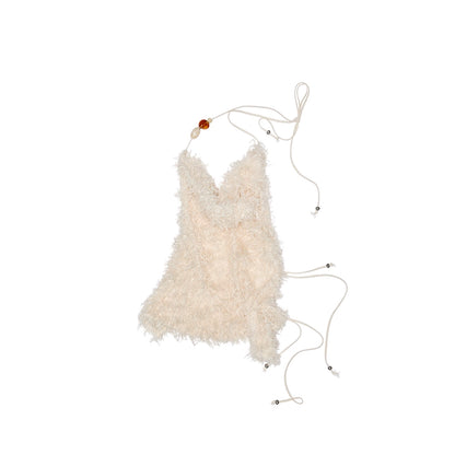 Beaded Halter Camisole & Skirt Set – Feather V-Neck Swing Neck Design