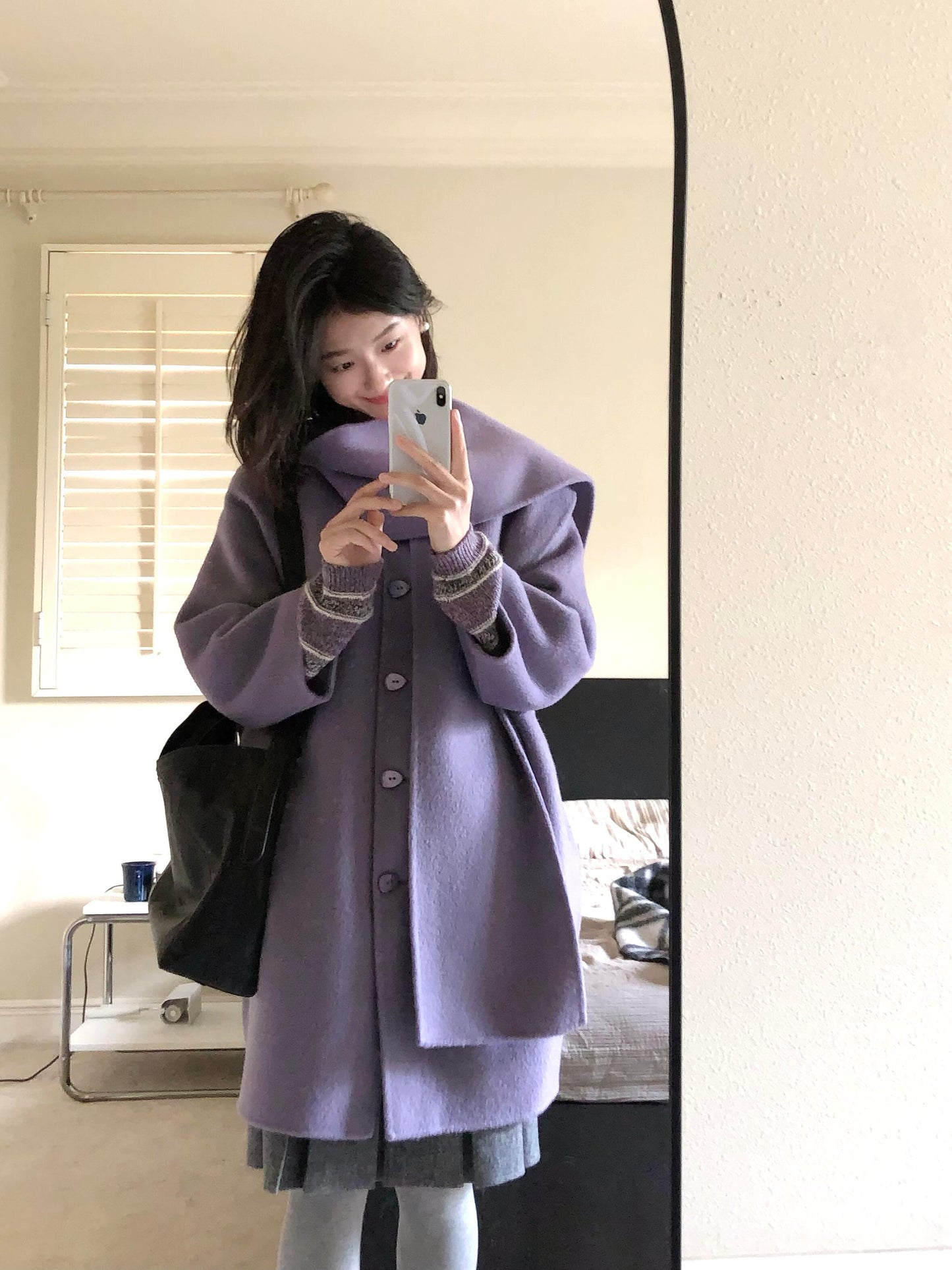 Reversible Cashmere Coat – Petite Fit Mid-Length Scarf Woolen Jacket