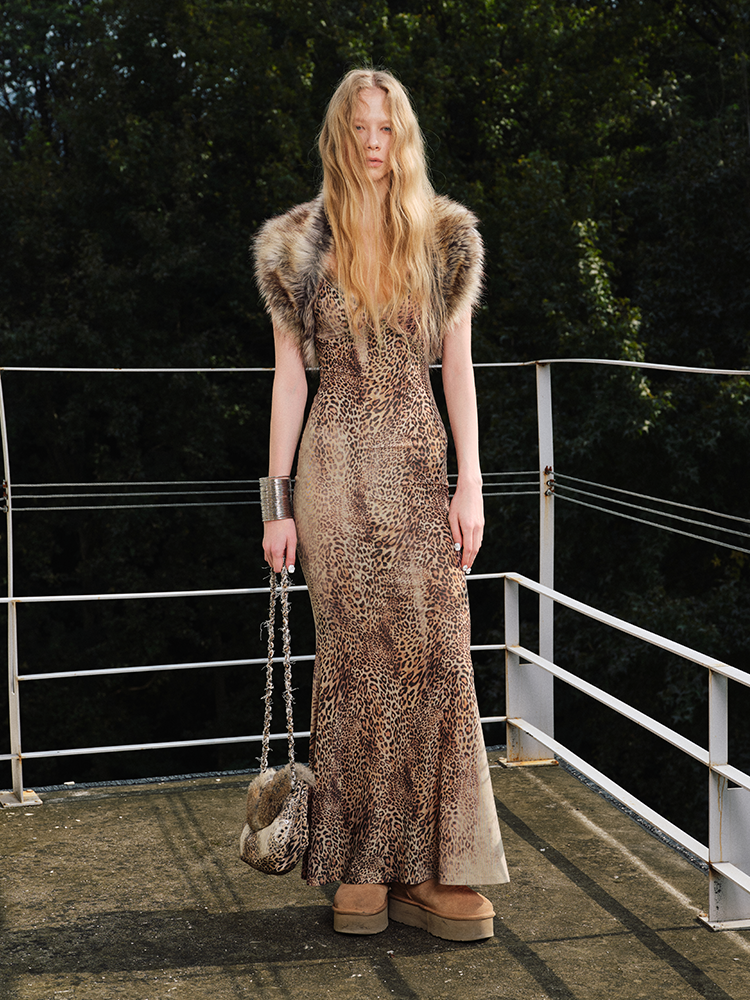 Leopard Mesh Mermaid Dress – Lace V-Neck Sexy Silhouette