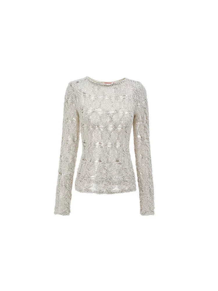 Cutout Sheer Knit Shirt – Lightweight Slim Fit Long Sleeve Top