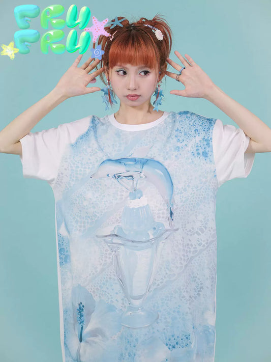 Gollum Store Original Design Summer Crew Neck Dolphin Print Niche Mid-Length Pure Cotton Short-Sleeve T-Shirt