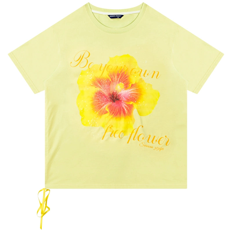 Flower Printed Drawstring T-shirt | Loose Round Neck Retro Design for Summer