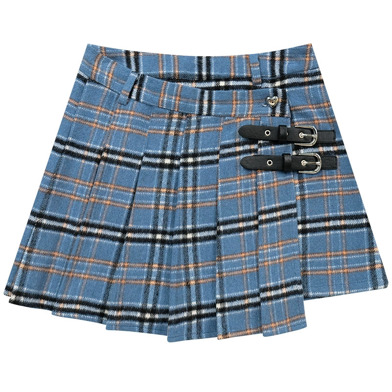 Blue Checkered Pleated Wool Skirt | High Waist Irregular Design for Autumn/Winter