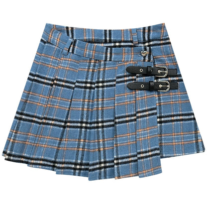 Blue Checkered Pleated Wool Skirt | High Waist Irregular Design for Autumn/Winter