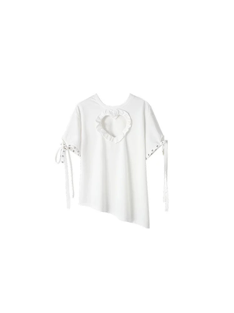 Chest Cutout Heart T-Shirt – Loose Fit with Irregular Hem Design