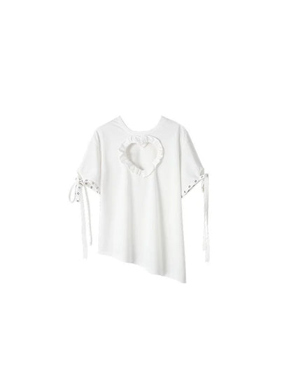 Chest Cutout Heart T-Shirt – Loose Fit with Irregular Hem Design