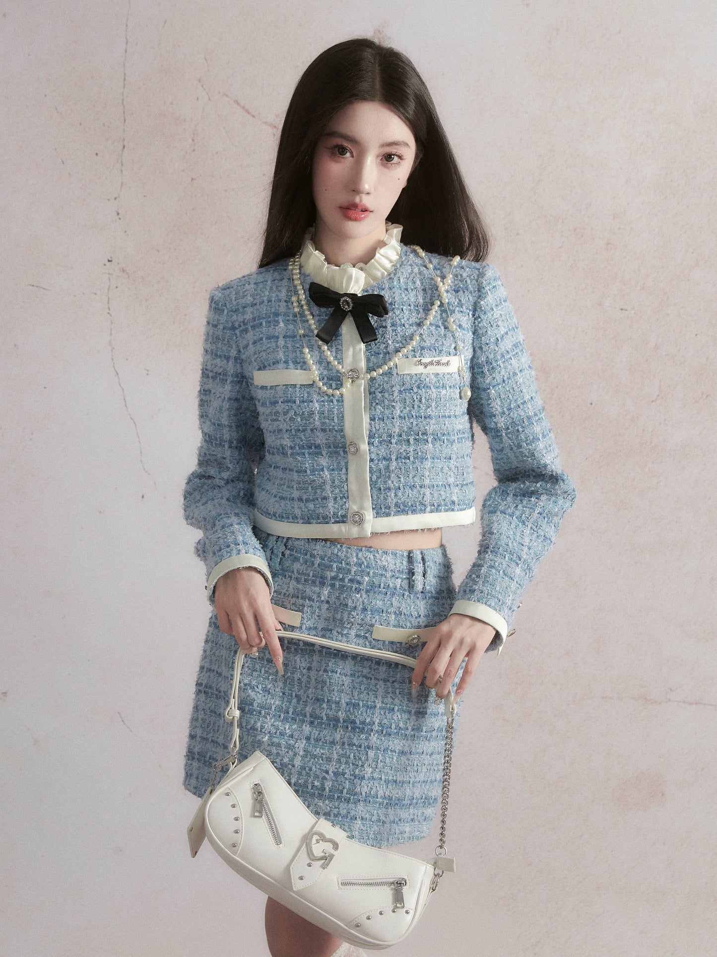 Blue Small Fragrant Suit Skirt with Satin Tweed