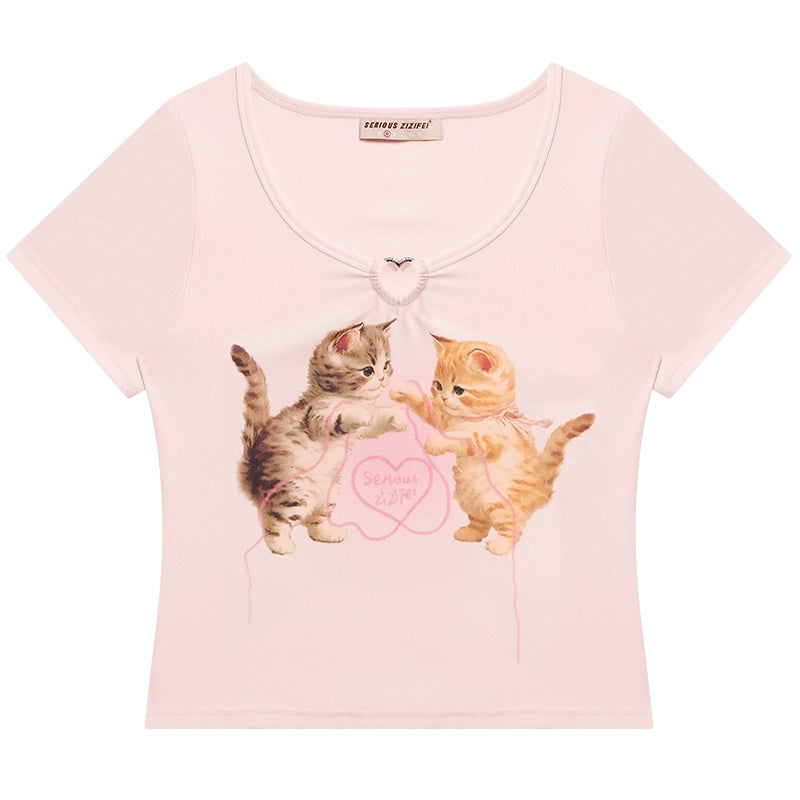 Metal Heart Cat Print T-shirt | Right Shoulder Retro Crop Top for Summer