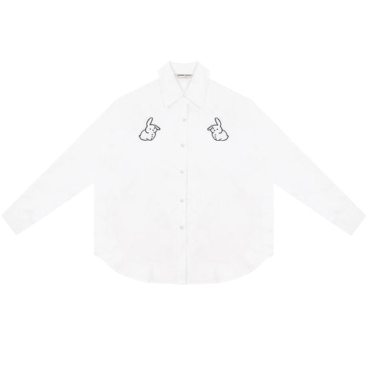 Rabbit Embroidered Loose White Shirt | Medium-Length Retro Design for Spring/Summer