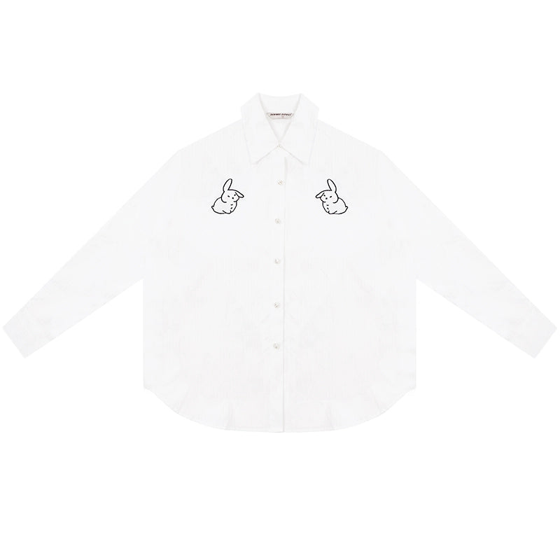 Rabbit Embroidered Loose White Shirt | Medium-Length Retro Design for Spring/Summer