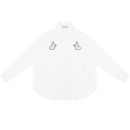 Rabbit Embroidered Loose White Shirt | Medium-Length Retro Design for Spring/Summer