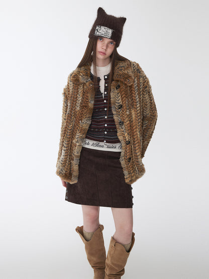 Color-Block Rabbit Fur Shirt Coat