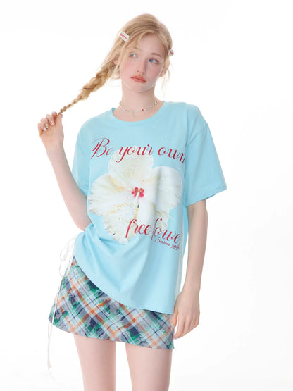 Flower Printed Drawstring T-shirt | Loose Round Neck Retro Design for Summer