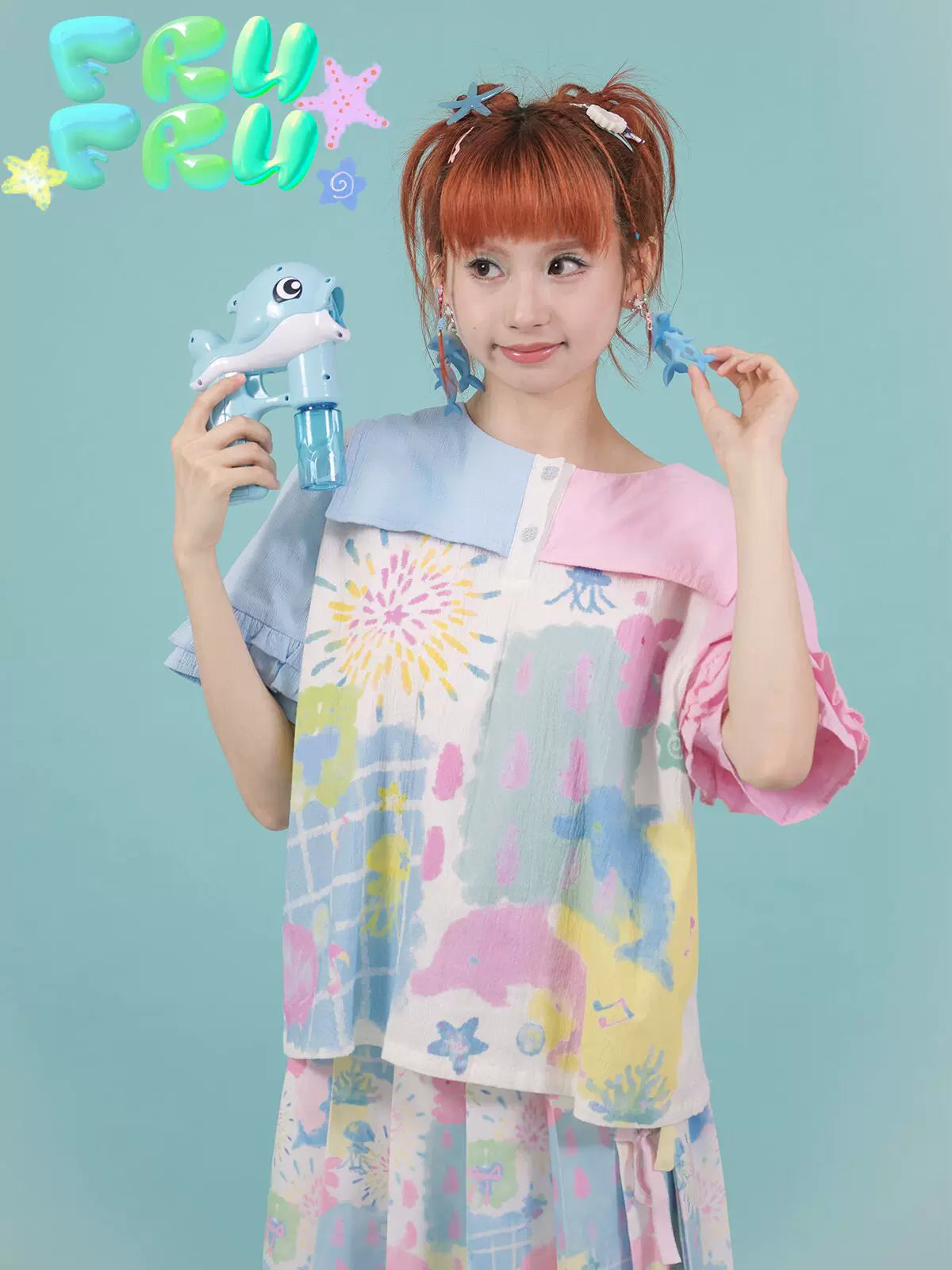 Gollum Store Original cute powder blue patchwork navy collar print embroidered loose shirt