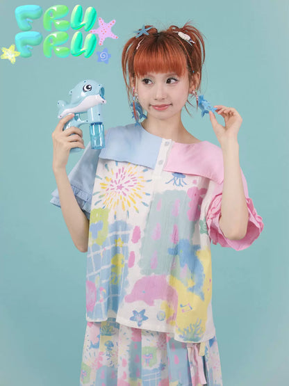 Gollum Store Original cute powder blue patchwork navy collar print embroidered loose shirt