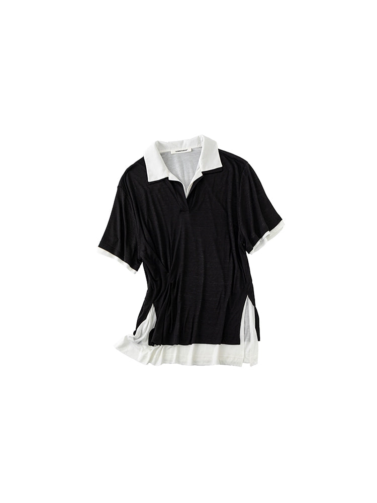 Two-in-One Loose Polo Blouse – Irregular Stitched Oversized Midi Top