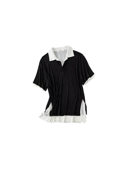 Two-in-One Loose Polo Blouse – Irregular Stitched Oversized Midi Top