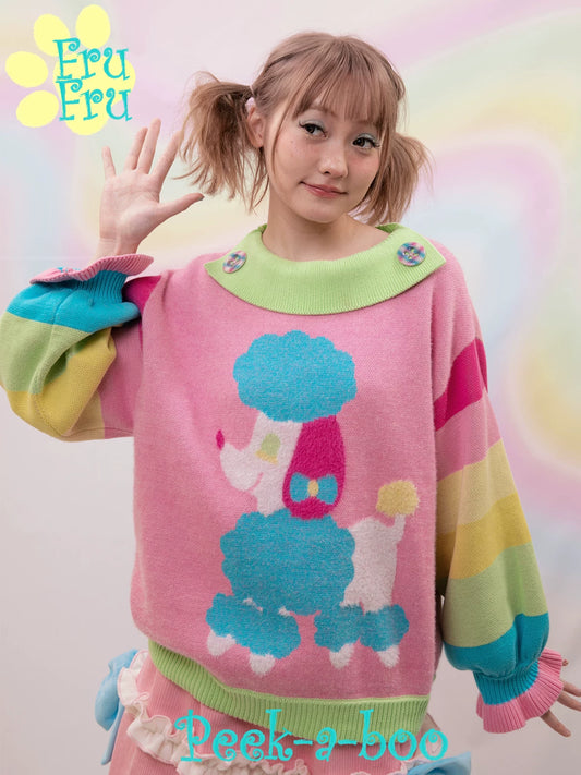 Gollum Store vintage green and pink cute puppy color-block knit pullover loose crewneck sweater