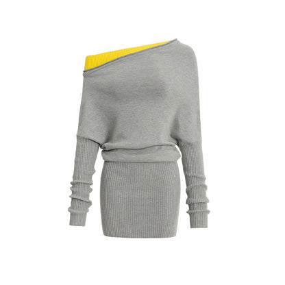Asymmetric Contrast Knit Dress