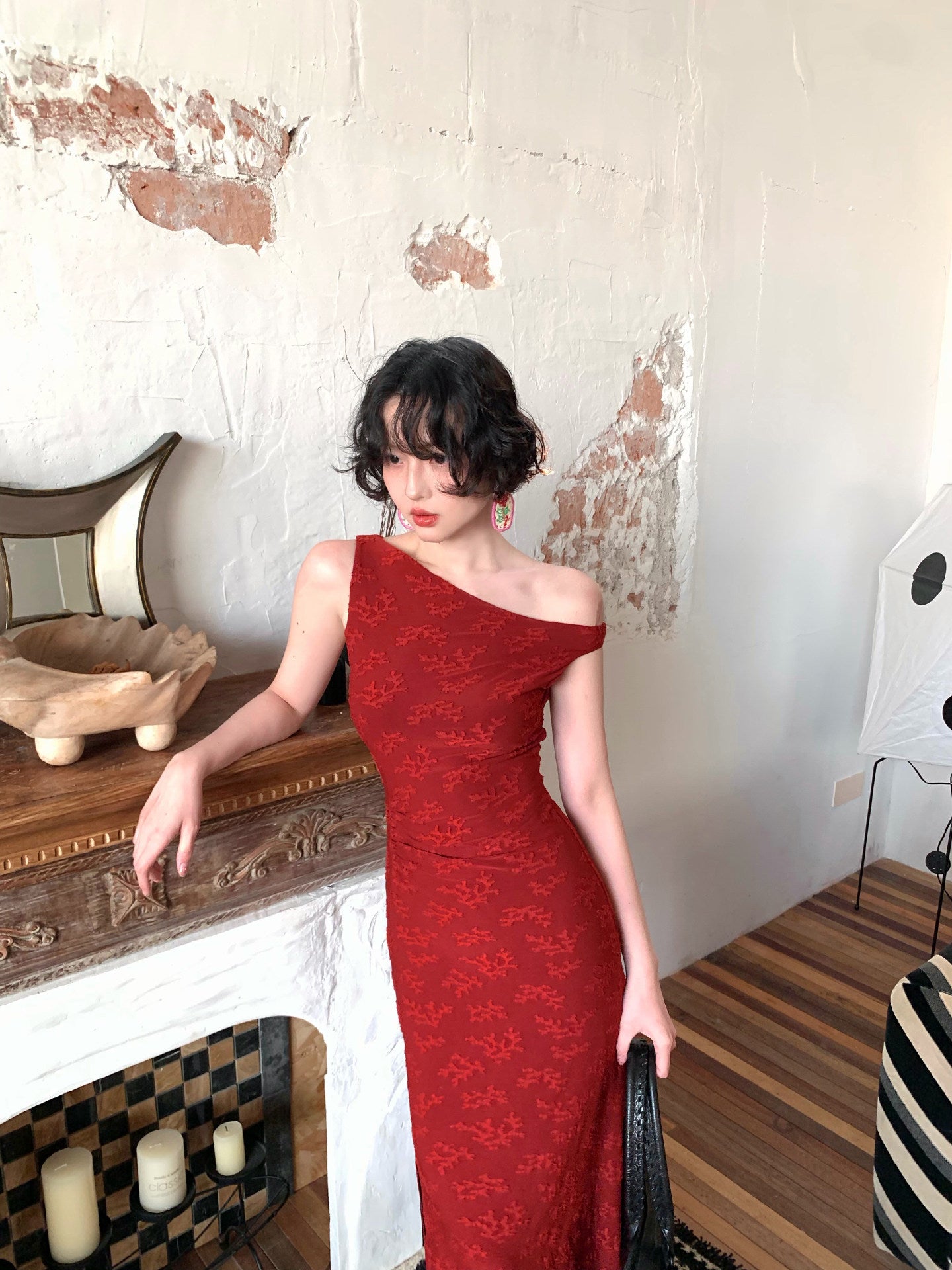 Light Scarlet Blossom Off-Shoulder Maxi Dress