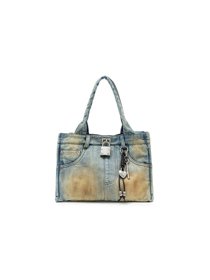 Vintage Distressed Embroidered Denim Tote Bag – Premium Shoulder Bag