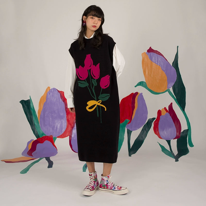 Japanese Retro: Hand-Painted Tulip Vest Dress