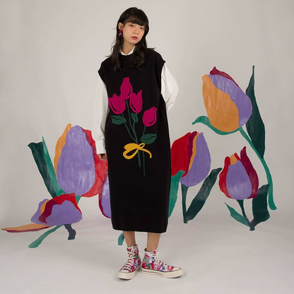 일본 레트로 : 손으로 그린 ​​튤립 조끼 드레스