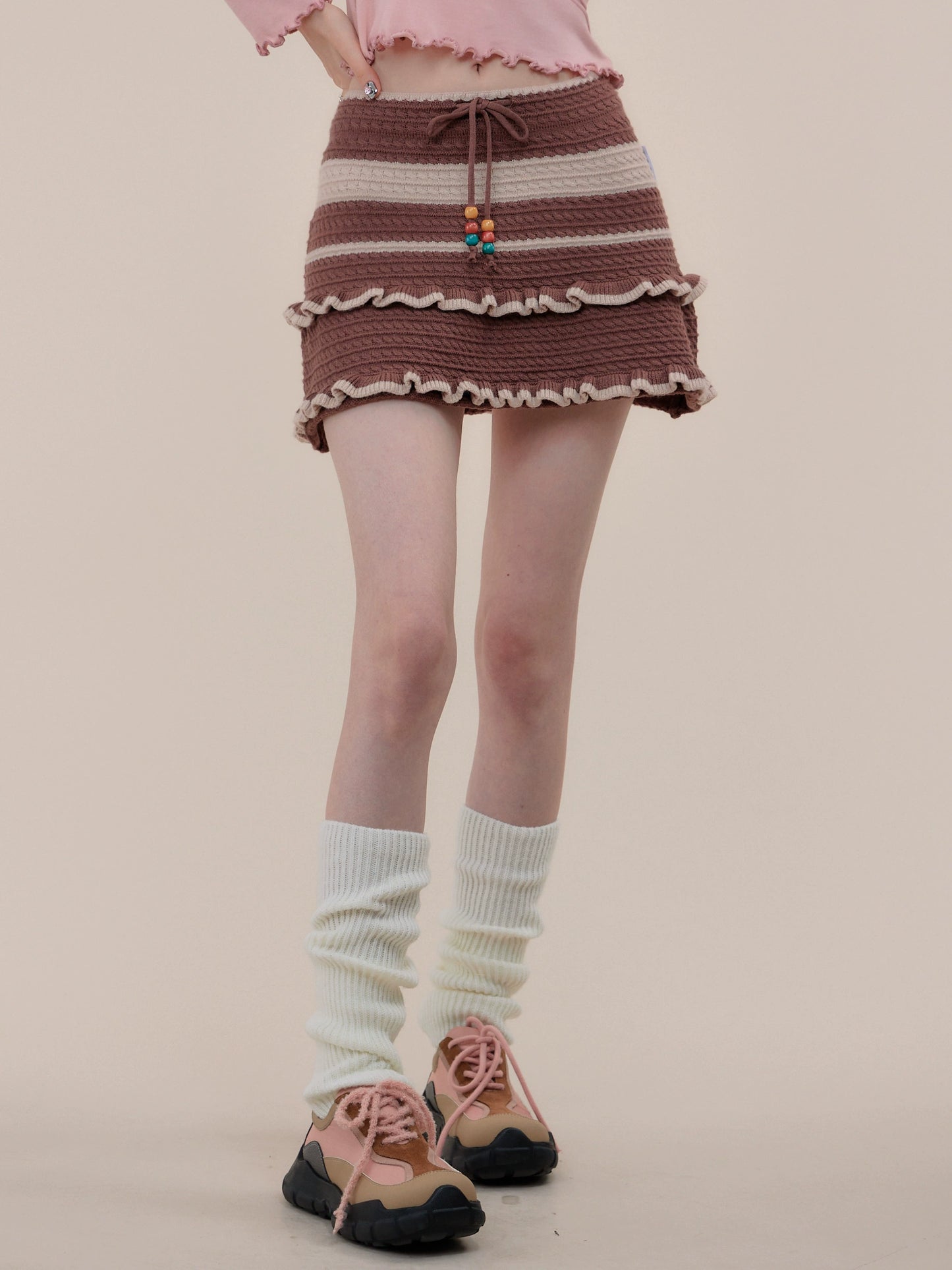 Brown Striped A-Line Wool Skirt | Slim Fit High Waist Knit Design for Autumn/Winter