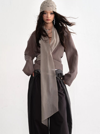 26SS Natural Earth Tone Long-Sleeved Shirt with Flowing Ribbons and a Tranquil Feel