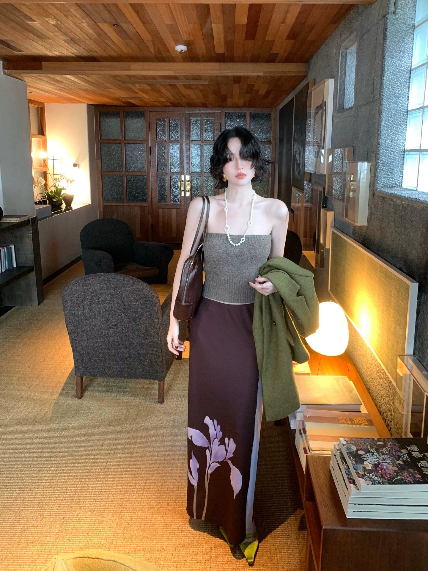 Ink-Dyed Floral High-Waisted Stretch Skirt – Wine Afternoon Retro Collection