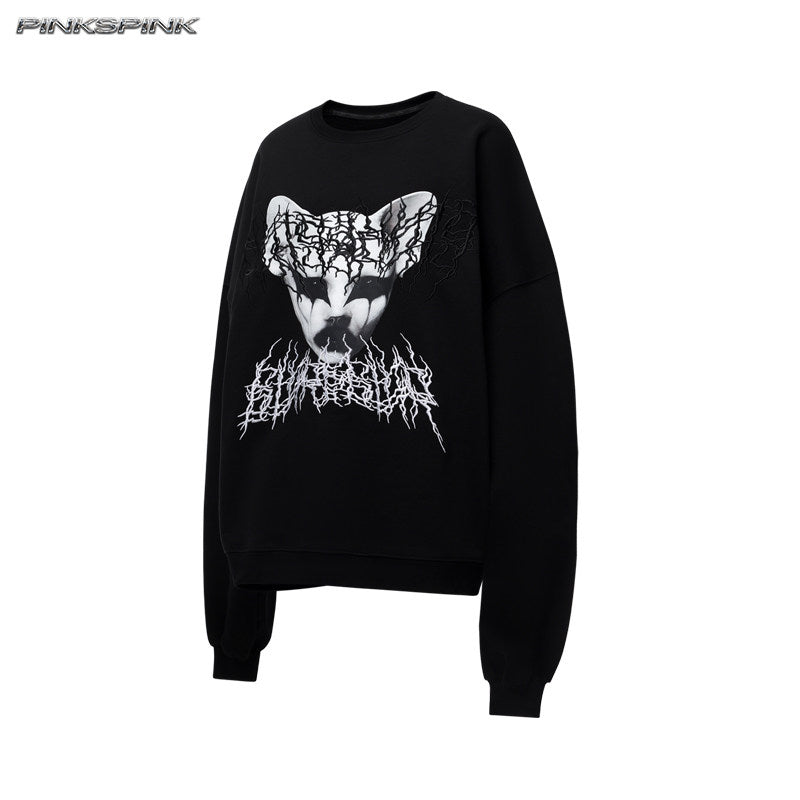 Cat-Themed Black Metal Thorn Embroidered Y2K Sweatshirt